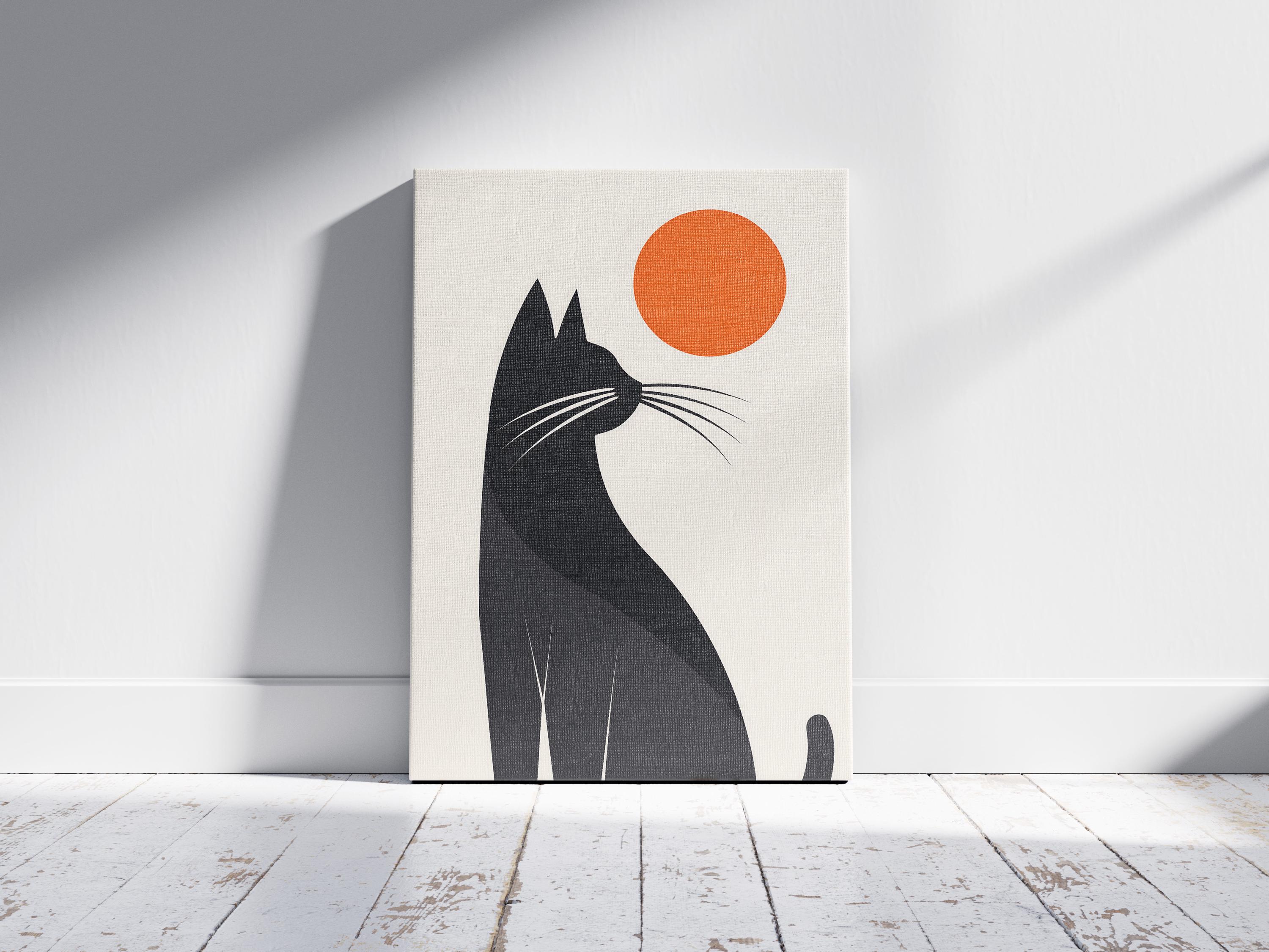 Minimalist Cat Poster Black and Orange Abstract Animal Art Print