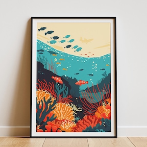 Póster de la Gran Barrera de Coral, impresión artística del océano, arte mural de arrecife de coral, impresión submarina minimalista, póster de viaje a Australia
