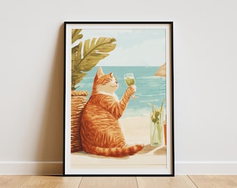 Orange Cat Beach Summer Poster Cute Kitty by the Ocean Summer Vacation Cat Print Funny Orange Tabby Coastal Pet Art Summertime Decor Beach
