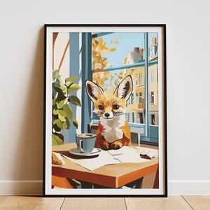 Impresión artística de café con zorro fénec, estilo Matisse, regalo para amantes del café, póster de animales, decoración de pared caprichosa, ilustración de zorro lindo, escena de café acogedora para el hogar