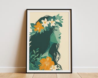 Floral Crown Portrait Art Print Woman With Flowers Poster Tropical Wall Art Hawaiian Style Print Home Decor Travel Souvenir Modern Art
