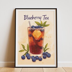 Cartaz de bebida de chá gelado de mirtilo estilo de ilustração plana impressão de bebida de verão decoração de cozinha arte de parede de café impressão de bebida ilustração de comida