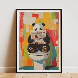 Panda en el inodoro leyendo el periódico, pintura artística para el baño, impresión divertida de animales, póster moderno abstracto colorido, decoración del hogar, decoración de pared