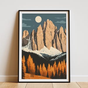 Dolomiten Italien Gebirgskette Poster Italienische Alpen Druck Moderne Landschaft Wand Kunst Herbst Wald Szene Natur Illustration Wandern Dekor