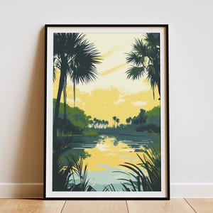 Pôster do Parque Nacional Everglades, impressão da natureza da Flórida, pôster de viagem vintage, palmeiras, pântano, paisagem, arte, ilustração botânica retrô