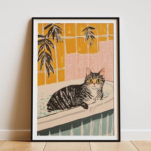 Impresión artística de gato de Bengala, decoración de pared para baño, póster divertido de gato, regalo para amantes de las mascotas, arte animal caprichoso, decoración única para el hogar, impresión de gato en la bañera