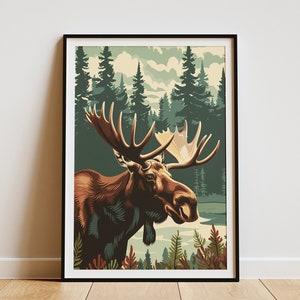 Póster de bosque de alces, póster de viaje vintage, impresión de arte animal, póster de vida salvaje, póster de arte natural, póster de bosque