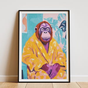 Orangutan in Bathrobe Painting Bathroom Poster Print Modern Animal Art Funky Monkey Cute Ape Primate Decor Wall Art Home Decor