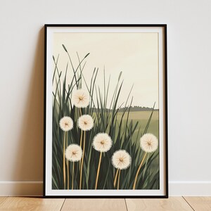 Dandelion Meadow Poster Botanical Meadow Print Whimsical Flower Art Modern Dandelion Illustration Grassy Field Wall Decor Nature Poster