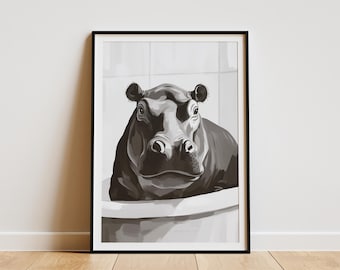 Hippo in Bathtub Poster Animal Art Print Minimalist Bathroom Decor Hippo Wall Art Funny Animal Poster Hippo Lover Gift  Print