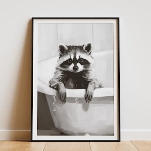 Póster de mapache en la bañera, divertido estampado animal, decoración de pared para baño, arte caprichoso, impresión artística de mapache lindo, baño de burbujas, decoración minimalista para el hogar
