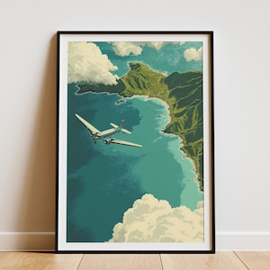 Vintage Hawaiian Island Airplane Travel Poster Retro Plane Art Print Mid Century Modern Travel Art Hawaii Wall Decor Vacation Home Art