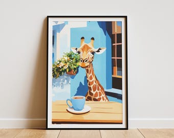 Giraffe Coffee Art Print Cozy Cafe Poster Animal Wall Art Giraffe Lover Gift Coffee Lover Gift Cute Animal Art Giraffe Illustration Wall