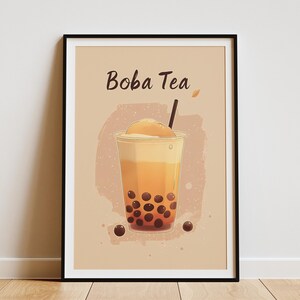 Cartaz de chá de boba Cartaz de bebida de chá de bolhas Ilustração plana Impressão artística fofa de boba Cartaz de café Cartaz de bebida Ilustração de comida kawaii Loja de boba