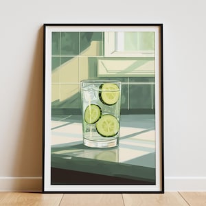 Cucumber Water Glass Poster Minimalist Kitchen Decor Modern Green Botanical Print Summer Drink Art Refreshing Beverage Illustration