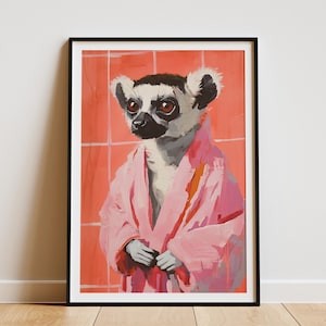 Lindo lémur en bata de baño rosa, cuadro de baño, arte moderno con animales, póster impreso, decoración de lémur, póster divertido de animales