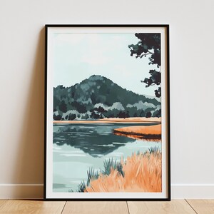 Póster de paisaje abstracto, impresión moderna de río, arte de pared minimalista de naturaleza, escena de agua tranquila, decoración del hogar pacífica, póster de lago sereno, botánico