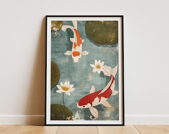 Koi Pond Poster Japanese Art Print Asian Fish Lily Pads Water Garden Nature Wall Art Home Decor Tranquil Zen Decor Abstract Painting