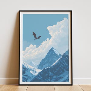 Majestic Dragon Flying Over SnowCapped Mountain Travel Poster Print Fantasy Art Landscape Wall Decor Adventure Mythical Alpine Decor