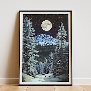 Lassen Volcanic National Park Poster California Moonlit Night Art Print Mountain Landscape Wall Decor Northern California Travel Poster