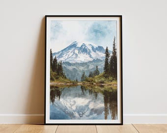 Mount Rainier National Park Poster Vintage Style Travel Art Print Washington State Mountain Reflection Lake Cabin Decor Gift Idea Wall Art