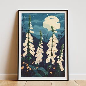 Mondschein Wiese Fingerhut Poster Botanische Illustration Floral Wand Kunst Nacht Garten Druck weiß Blumen dunkelblau creme Natur Kunst romantisch