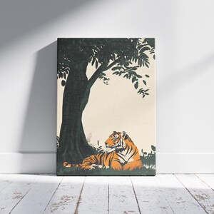 Stampa su legno con tigre sotto un albero di banyan, poster artistico con animali, decorazione murale con natura, stampa artistica con tigre del Bengala, ispirazione vintage, arte della giungla, fauna selvatica immagine 5