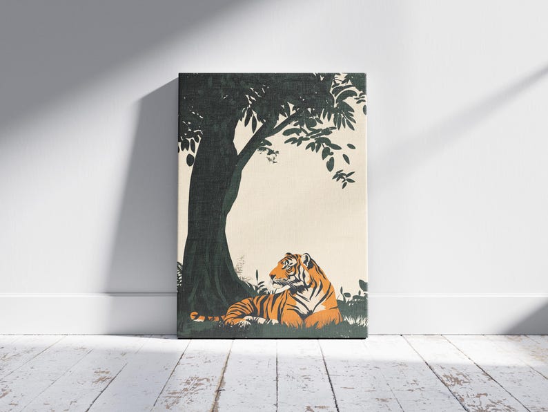 Stampa su legno con tigre sotto un albero di banyan, poster artistico con animali, decorazione murale con natura, stampa artistica con tigre del Bengala, ispirazione vintage, arte della giungla, fauna selvatica immagine 5