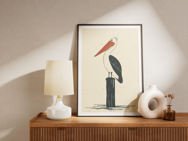 Pelican Art Print Coastal Bird Poster Ocean Animal Wall Decor Beach ...