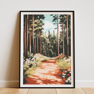 Waldweg Poster Blühender Kiefernwald Kunstdruck Natur Spaziergang Illustration Sommer Landschaft Botanisches Wanddekor Cottagecore Ästhetik