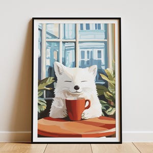 Arctic Fox Cafe Art Print Cozy Coffee Shop Poster Animal Illustration Whimsical Wall Art Cute Fox with Coffee Mug Gift for Animal Lovers