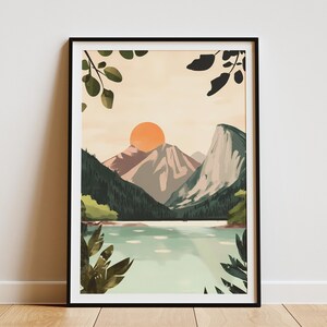 Bergsee Sonnenuntergang Poster Ruhe Natur Kunstdruck Moderne Landschaft Wanddekor Friedliche See Szene Boho Dekor Orange Sonne Minimalistischer Druck