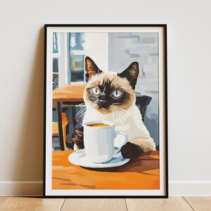 Impresión artística de gato tonkinés, póster acogedor para cafetería, regalo para amantes del café, arte de cafetería de gatos, arte de pared de animales, decoración del hogar, ilustración de gato lindo, póster de gato