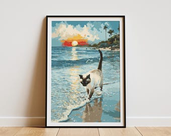 Siamese Cat Beach Sunset Art Print Ocean Waterline Wall Decor Tropical Island Feline Artwork Coastal Pet Lover Gift Golden Hour Cat Painting