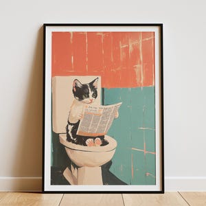 Impresión artística divertida de gatito siamés leyendo el periódico en el inodoro, humor para el baño, decoración peculiar para el hogar, arte de pared novedoso, regalo para amantes de los gatos, póster