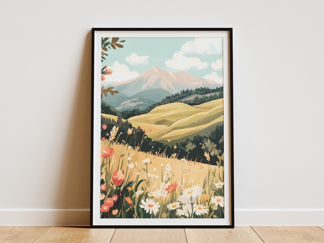 Wildflower Meadow Mountain Landscape Art Print Botanical Summer Nature ...