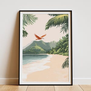 Póster con estampado de pájaro de playa tropical, pájaro naranja volando sobre la orilla, palmeras, arte costero, decoración de vacaciones de verano, impresión de casa de playa moderna