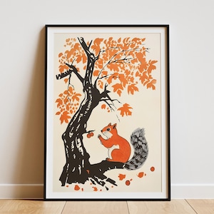 Póster de ardilla recogiendo bellotas bajo un árbol de arce otoñal, impresión en color naranja, negro y crema, arte natural, póster de animales, decoración del hogar