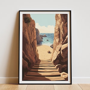 Escalera de madera, camino de playa, vista al mar, vacaciones costeras de verano, decoración del hogar, póster artístico, paisaje de naturaleza tranquila