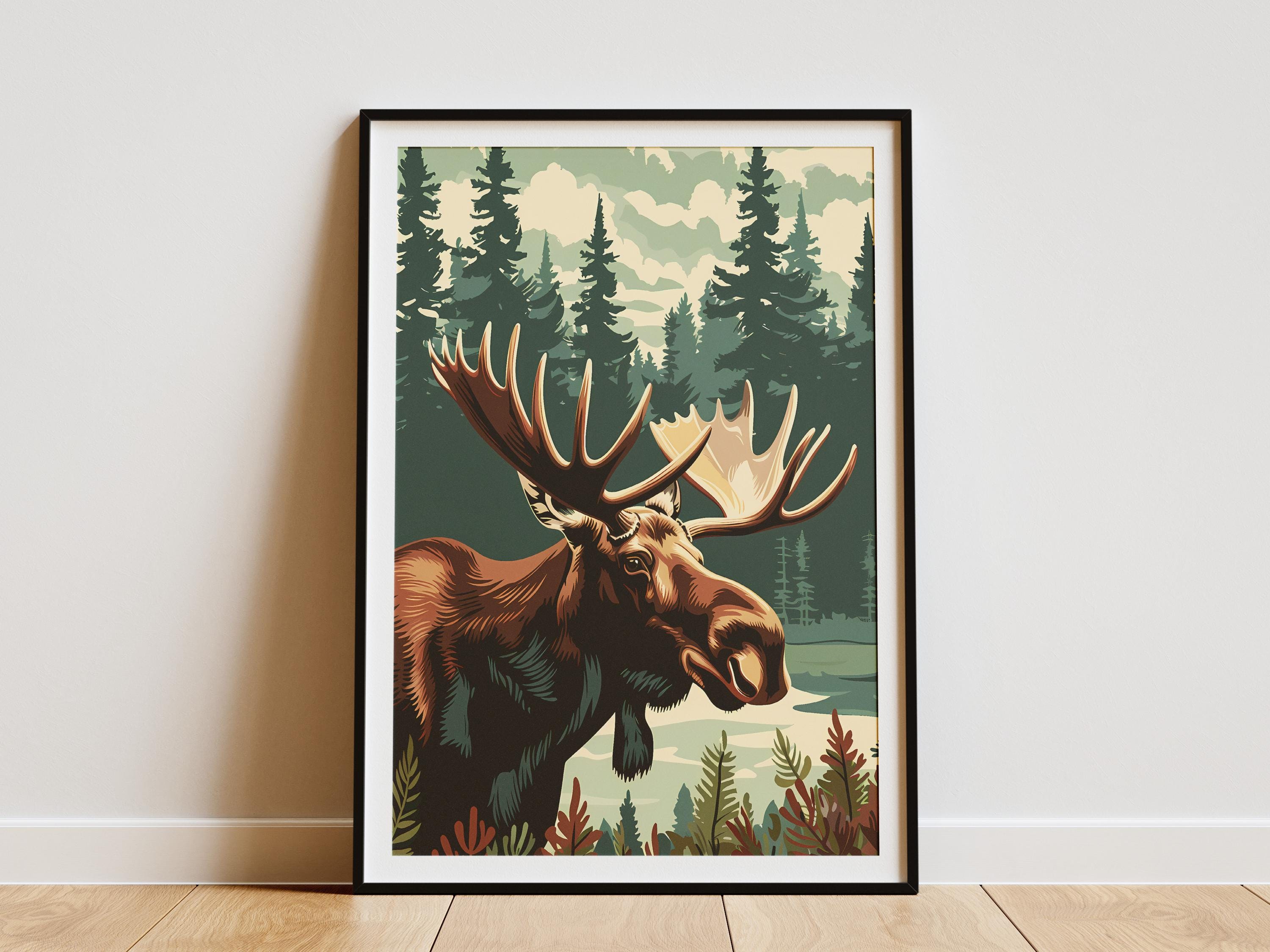 Moose Forest Poster Vintage Travel Poster Animal Art Print Wildlife Poster Nature Art Forest Poster