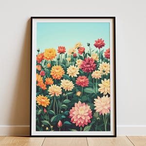 Pôster de flor dália, impressão botânica, arte de parede floral, decoração de jardim de verão, dálias coloridas, decoração moderna para casa, cartão postal de prado de flores, arte