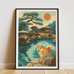 Shiba Inu Dog Art Print Japanese Zen Garden Travel Poster Vintage Style Asian Landscape Wall Decor Minimalist Canine Lover Gift