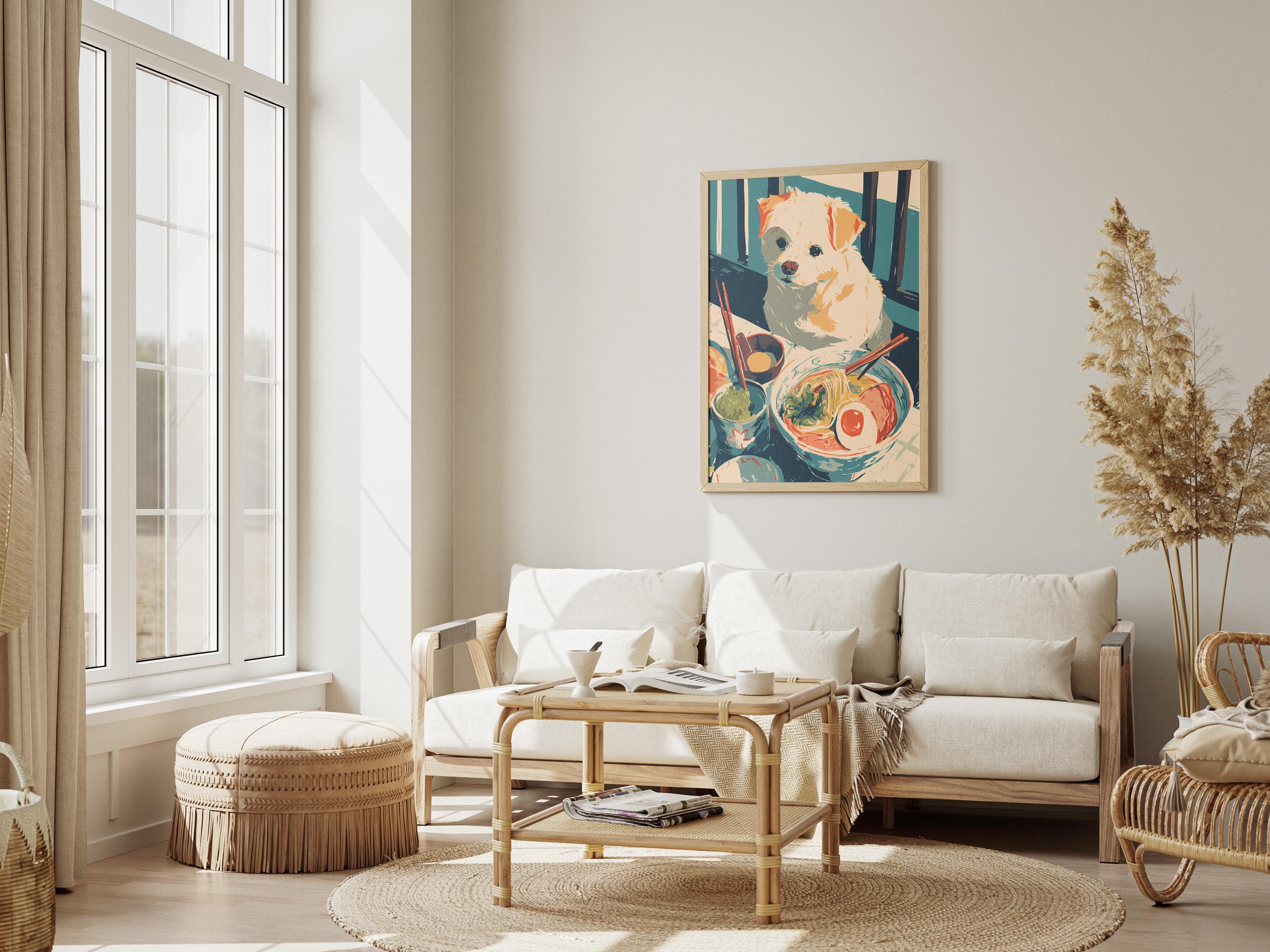 Cute Fluffy Dog Eating Ramen Noodles Digital Art Print Whimsical