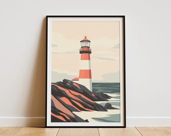 Lighthouse Coastal Art Print Pastel Ocean Lighthouse Poster Minimalist Nautical Wall Decor Beach House Decor Coastal Living Room Decor