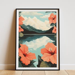 Póster con flores de hibisco en la casa del lago, arte de pared botánico con flores y lago tranquilo, paisaje natural sereno, decoración minimalista moderna para el hogar, paz