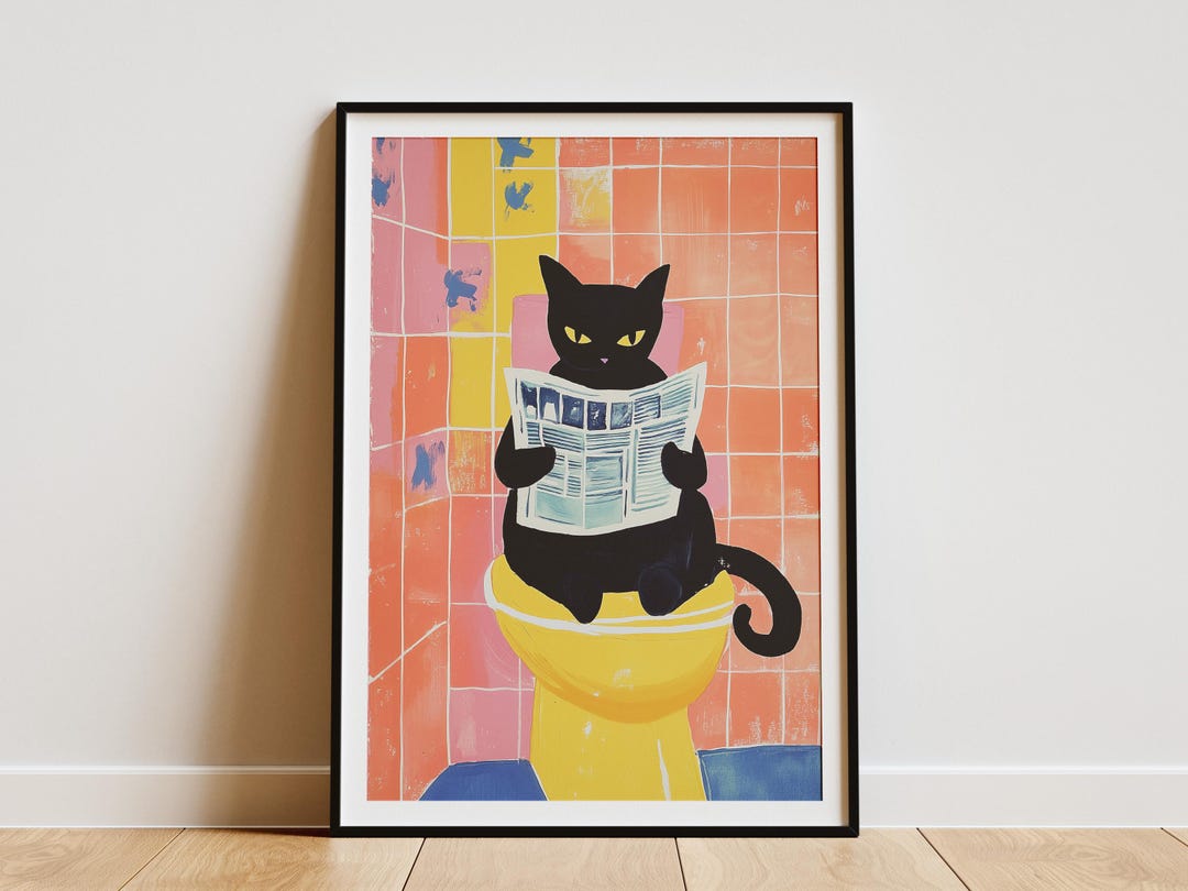 Black Cat on Toilet Reading Newspaper Art Print Funny Bathroom Decor ...