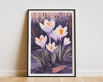 Spring Crocus Flowers Botanical Poster Print Purple White Floral Art Modern Minimalist Home Decor Nature Illustration Botanical Wall Art