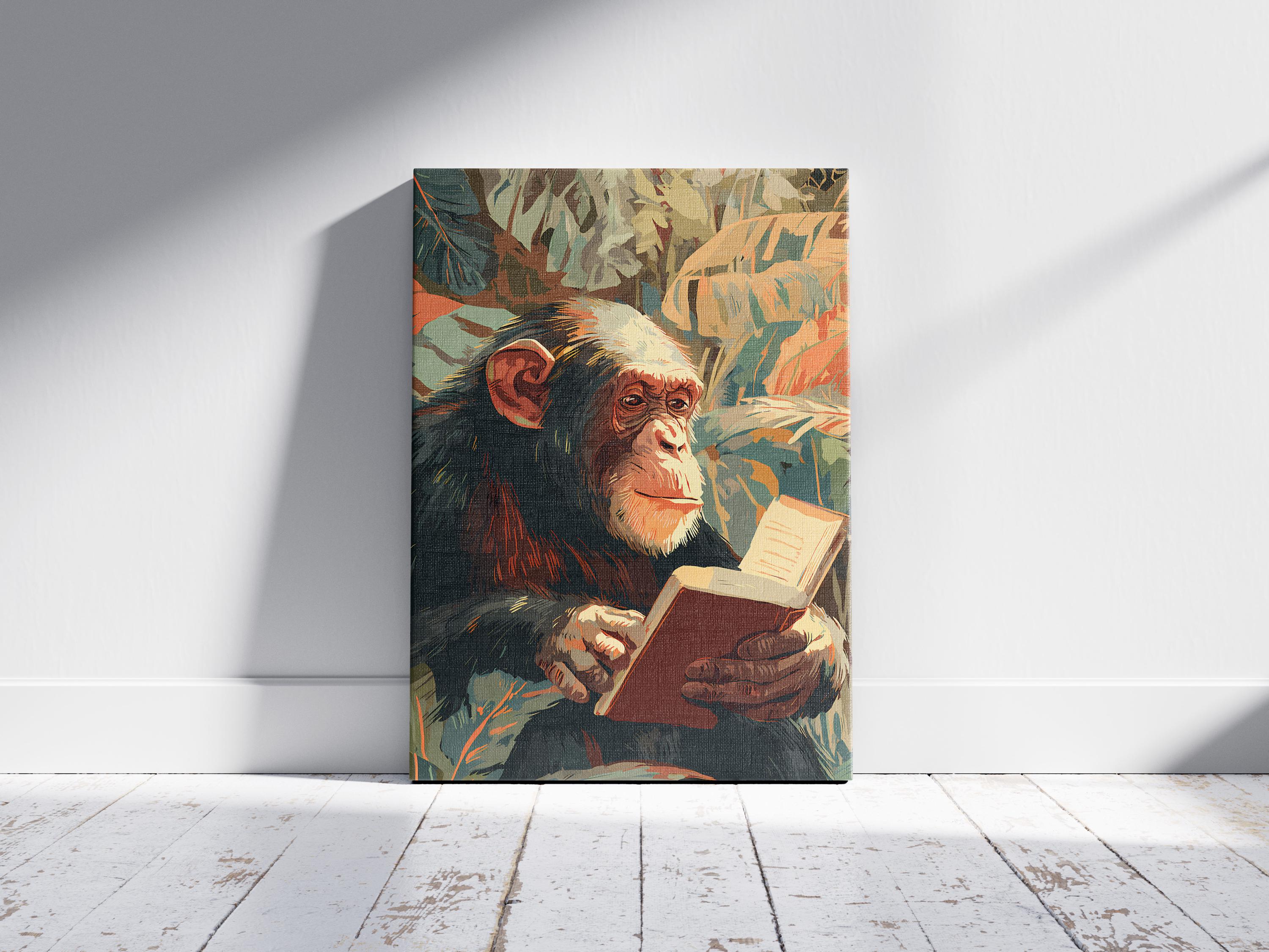 Intelligent Chimpanzee Reading Book Art Print Thoughtful Ape