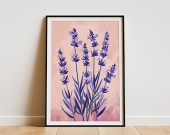 Stampa floreale di lavanda, arte murale minimalista, stampa artistica botanica, illustrazione di piante estetiche rosa e viola, decorazione per camera da letto