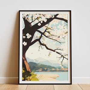Kirschblütenbaum Papier Poster Japanische Kirschblüten rosa weiße Blumen Kunstdruck Floral Botanisches Wanddekor Frühlingsblüte Natur